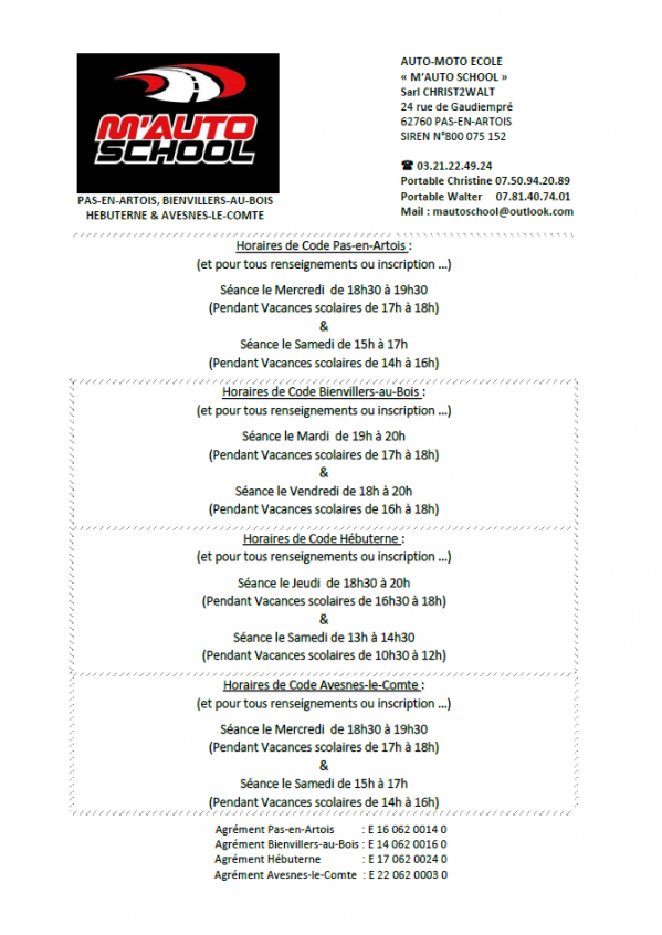 Horaires du code de l'auto-école